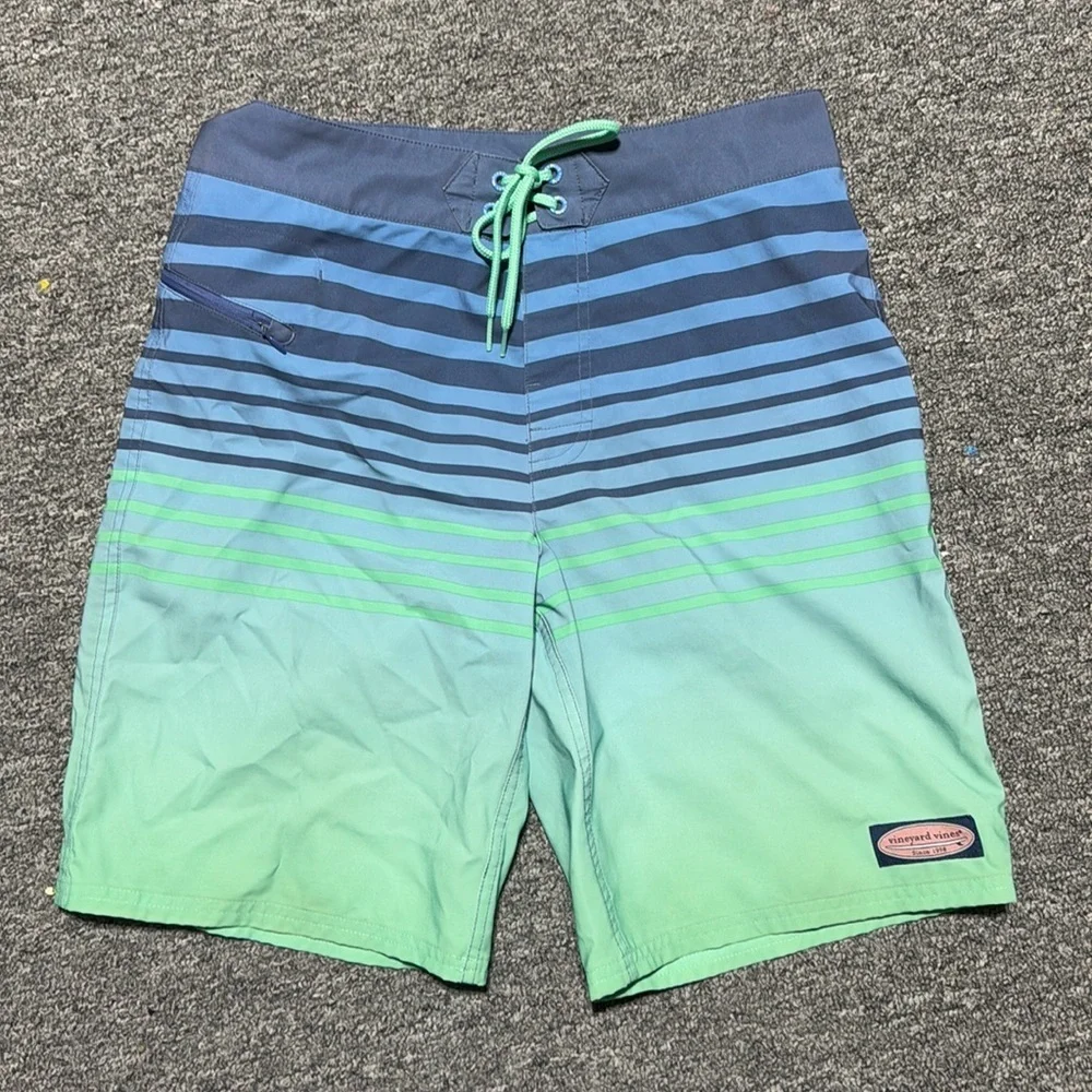 Vineyard Vines Mens Size 30 Stretch Board Shorts Striped Blue Green - Picture 1 of 3